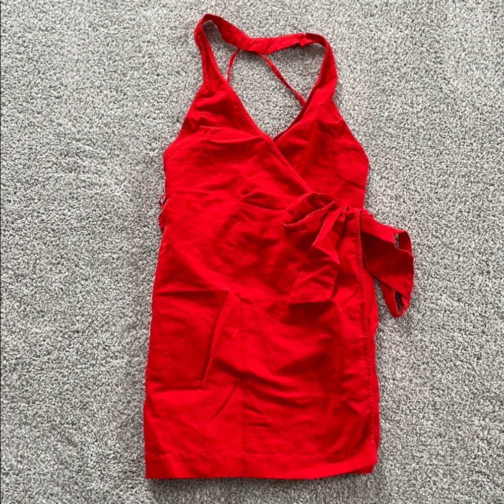 FREE PEOPLE Red linen open back mini wrap dress